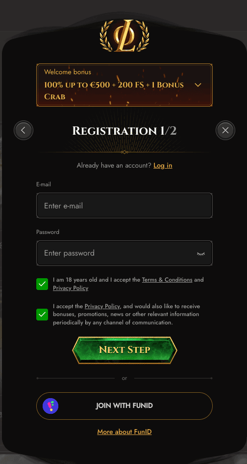 Register at Legiano Casino