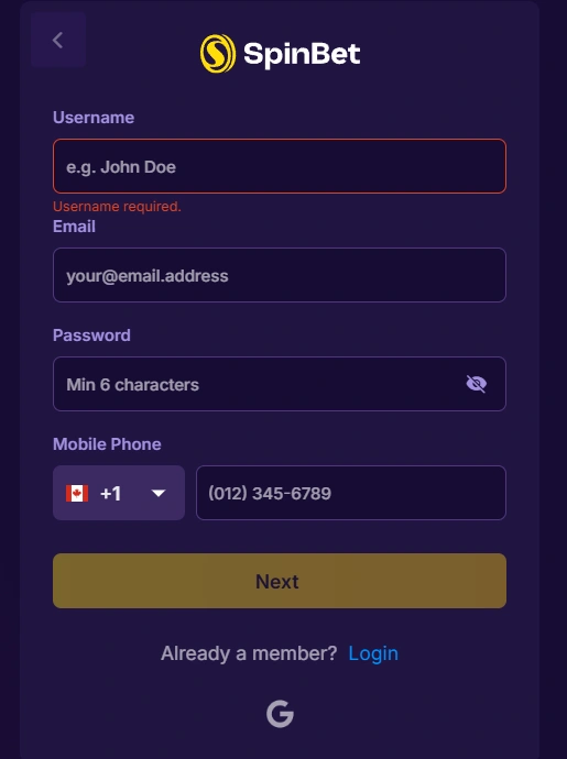 spinbet registration